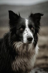Black and White Dog in Field Portrait. AI Generated