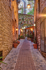 Italy, Umbria. Street lined with flower pots in the town of Assisi.