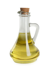 Glass jug of cooking oil isolated on white