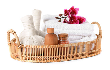 Beautiful composition with different spa products and flowers on white background