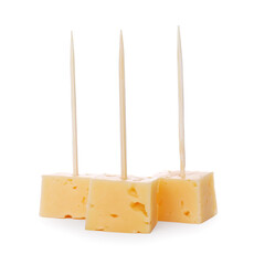 Toothpick appetizers. Tasty cheese pieces on white background