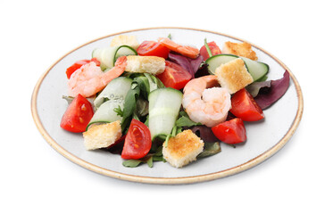 Tasty salad with croutons, tomato and shrimps isolated on white