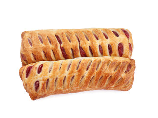 Fresh tasty puff pastry on white background, top view