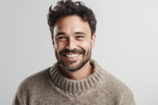Lifestyle portrait photography of a cheerful man in his 30s wearing a cozy sweater against a white background. Generative AI