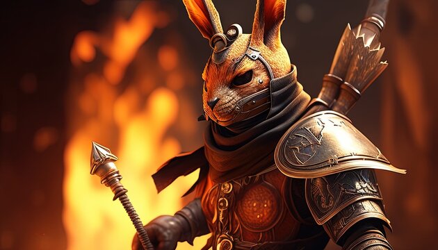 fire rabbit warrior, digital art illustration, Generative AI