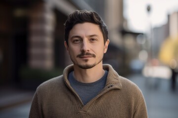 Obraz premium Portrait of handsome young man looking at camera in the city.