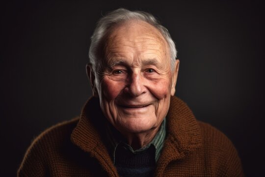 Portrait of a smiling senior man on a dark background. Studio shot.