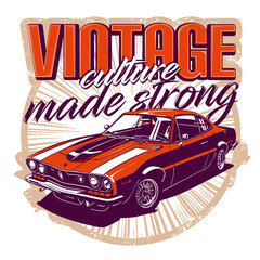 Vintage Retro Car. T Shirt print 3 colours, vintage culture, made strong. Sport car transparent.
