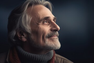 Obraz na płótnie Canvas Conceptual portrait photography of a satisfied man in his 60s wearing a cozy sweater against an aerial view background. Generative AI