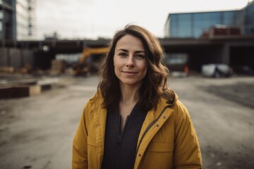 Obraz na płótnie Canvas Lifestyle portrait photography of a cheerful woman in her 30s wearing a cozy sweater against a construction site or work zone background. Generative AI
