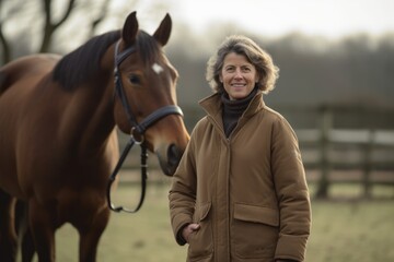 Obraz premium Portrait of a smiling middle-aged woman standing with her horse