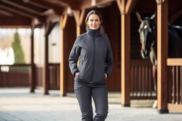 Full-length portrait photography of a satisfied woman in her 40s wearing a comfortable tracksuit against an equestrian or horse background. Generative AI