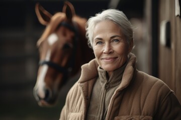 Portrait of a beautiful senior woman with a horse in the background