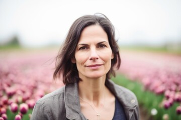 Close-up portrait photography of a satisfied woman in her 40s wearing a chic cardigan against a flower field or tulip field background. Generative AI