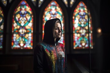 Young muslim woman praying in front of stained glass window in church