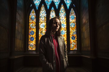 Young woman standing in front of the stained glass window in a church