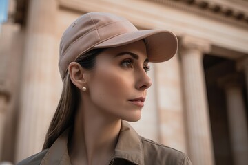 beautiful young woman in beige cap and trench coat looking away