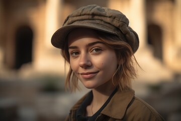 Portrait of a beautiful young woman in a hat in Rome, Italy
