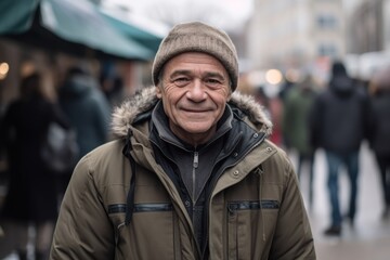Fototapeta premium Portrait of an elderly man in the city. He is wearing warm clothes.
