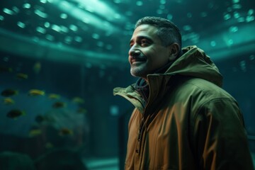 Portrait of a man in a green jacket looking at the aquarium.