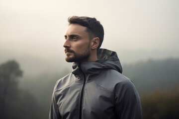 Portrait of a handsome bearded man in a jacket standing on a foggy mountain.