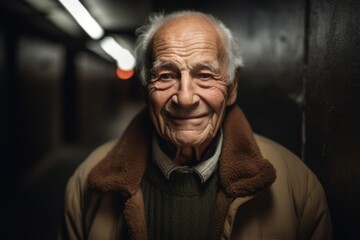 Portrait of an elderly man in the underground passage of the subway