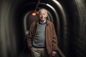 Obraz na płótnie Canvas Full-length portrait photography of a pleased man in his 80s wearing a cozy sweater against a tunnel or underground passage background. Generative AI