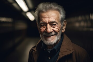 Obraz premium Portrait of a smiling senior man standing in a subway station.