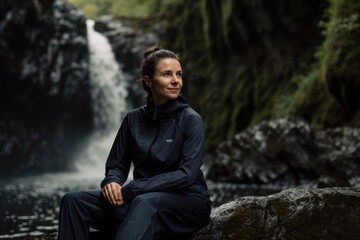 Young woman in sportswear sitting on a rock in front of a waterfall