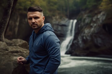 Athletic man in blue sportswear looking at waterfall