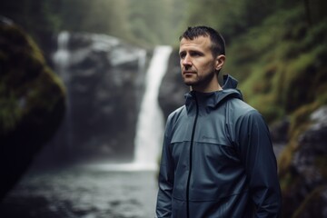 Handsome man standing in front of a waterfall in the forest