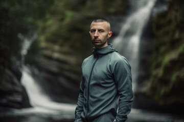 Athletic man in sportswear standing in front of waterfall