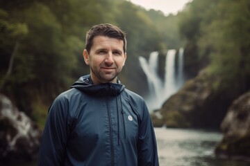 Portrait of a handsome man standing in front of a waterfall.