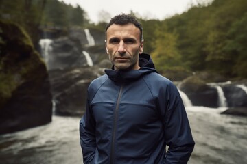 Portrait of a man in a blue jacket against the background of a waterfall