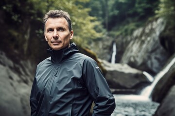 Portrait of a handsome man in a raincoat standing in front of a waterfall