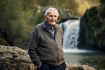Portrait of a senior man with a waterfall in the background.