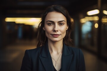 Portrait of a beautiful young woman in a business suit in the city.