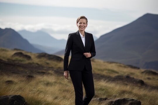 Businesswoman standing on top of a hill with mountains in the background
