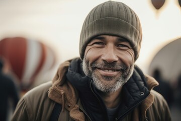Obraz premium Handsome middle-aged man with beard and mustache in warm clothes and hat on the background of hot air balloons