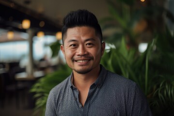 Portrait of a smiling asian man looking at camera in cafe