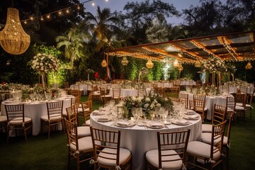 Fototapeta na wymiar Jungle Wedding Reception with Tables and Chairs in Lush Garden Background