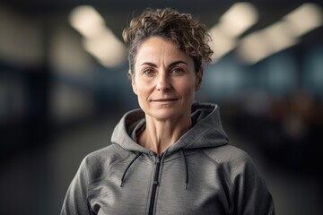 Obraz premium Portrait of middle aged woman with curly hair in sportswear