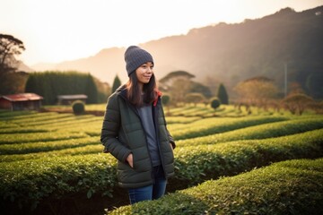 Beautiful asian woman standing in tea plantation at sunset time.