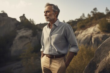 Handsome middle-aged man standing on top of a cliff and looking at the camera.