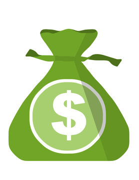 A bag of money with a draw string is seen in a vector image isolated on a white background.