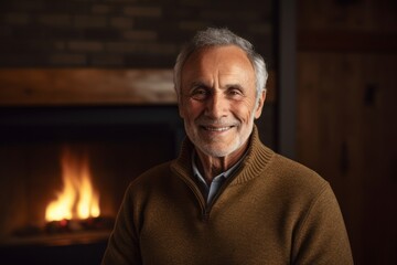 Portrait of smiling senior man sitting in front of fireplace at home