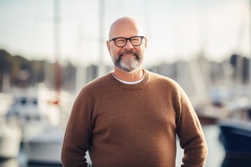 Portrait of a smiling senior man standing in front of a yacht