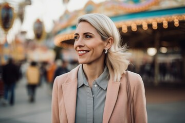 Obraz premium Full-length portrait photography of a grinning woman in her 30s wearing a chic cardigan against an amusement park or theme park background. Generative AI