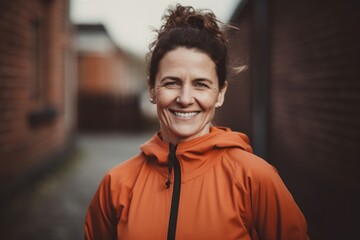 Portrait of smiling woman in sportswear looking at camera outdoors