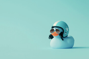Creative composition made of blue cute little rubber duckling with a helmet and sunglasses on blue...